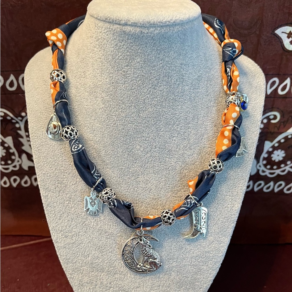 Black and Rust Boho Silky Charm Necklace with Silver-Tone Western Pendants
